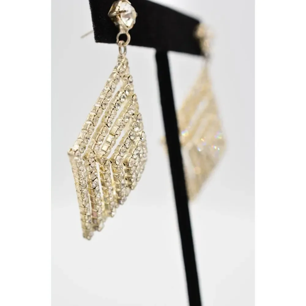 Vintage Crystal Earrings Dangle Prong Rhinestone Silver Sparkling 1990s 9L